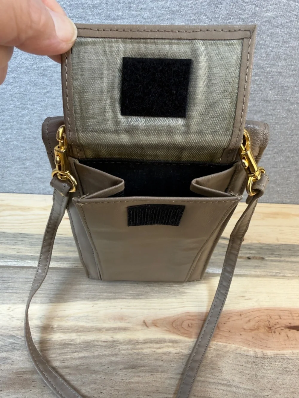 Genuine Leather Crossbody Slim Cell Phone Bag Gray Beige Taupe Detachable Strap